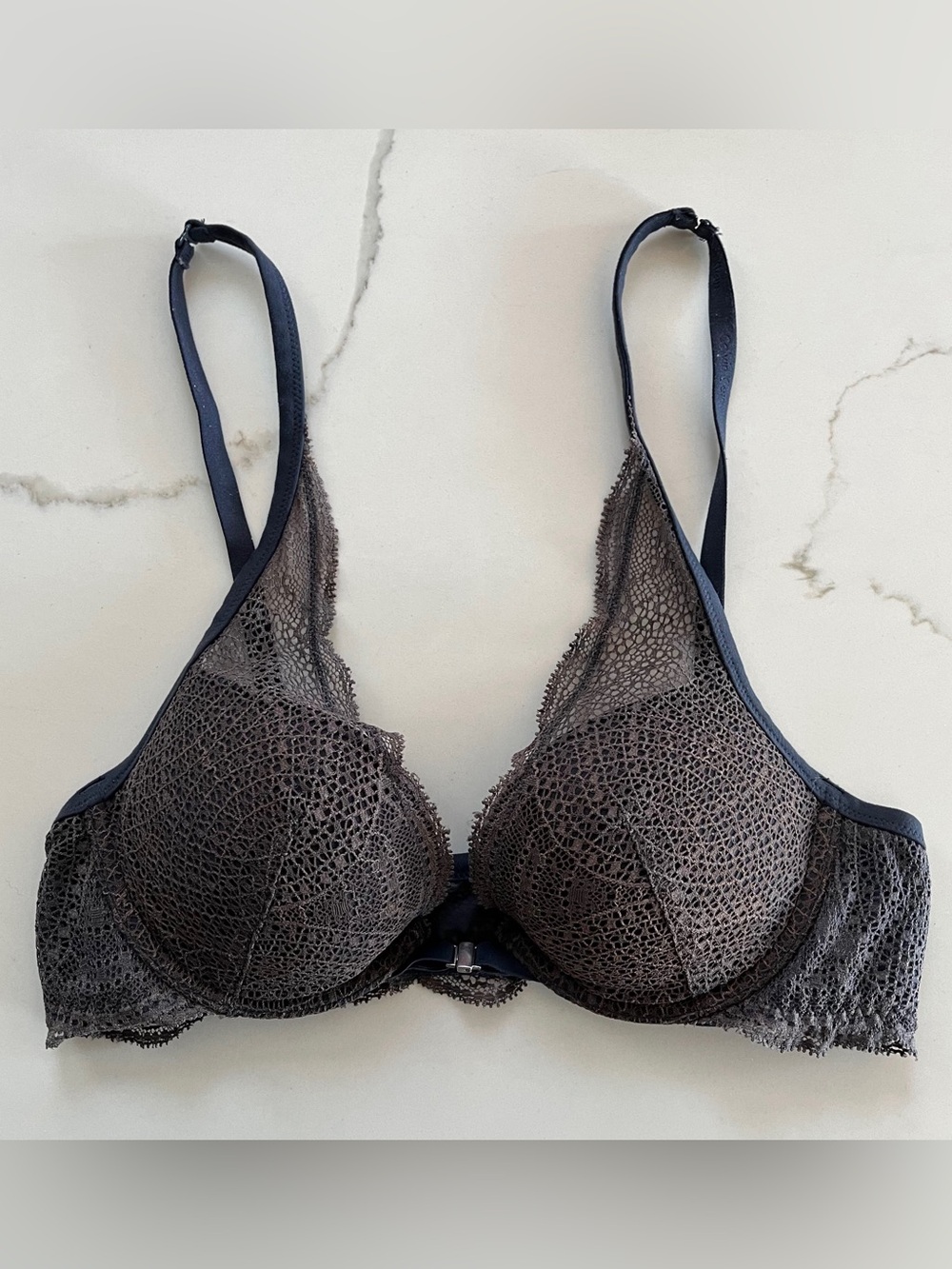 Calvin Klein Front Clasp Lace Push Up Bra 34B Blue Gray